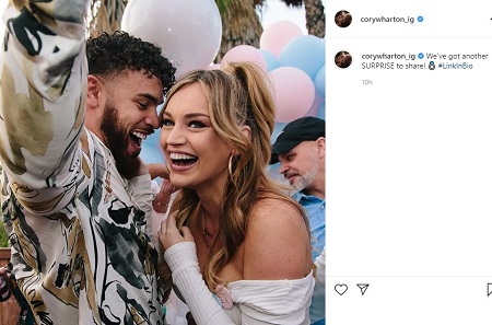 Snippet from Cory Wharton's Instagram post announcing another surprise. In Photo Cory and girlfriend, Taylor laughing close to each other.