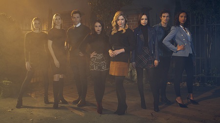 (In random order) Sasha Pieterse, Janel Parrish, Sofia Carson, Sydney Park, Eli Brown, Kelly Rutherford, Hayley Erin, Graeme Thomas King posing for the show.