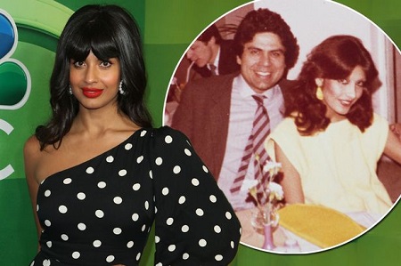 Jameela Jamil in the red carpet, with her parents' old picture popping on the side.