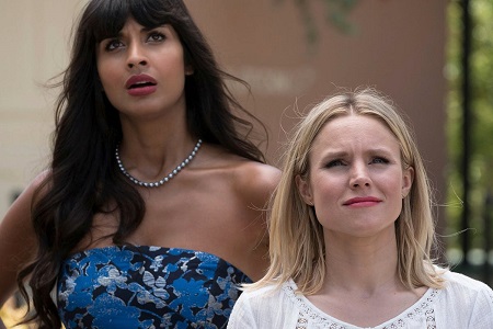 Jameela Jamil with Kristen Bell on 'The Good Place'.