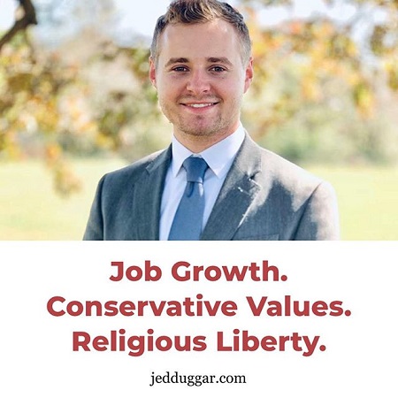 Jedidiah Duggar's profile photo for his campaign, with three of his focusing values.
