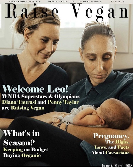 Diana Taurasi and wife Penny Taylor with their son, Leo, on the cover of 'Raise Vegan' Magazine.