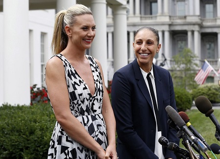 Penny Taylor, left, and Diana Taurasi at a 2014 White House celebration honoring the WNBA champion Phoenix Mercury.