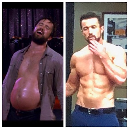 A side to side comparison of Rob McElhenney's weight loss transformation, before and after photos.