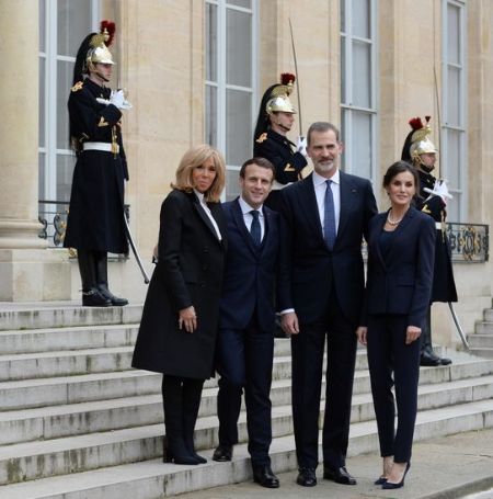 The French president Emmanuel Macron and his wife Brigitte Macron welcomed king and queen of Spain, Felipe VI, and Letizia with a namaste bow.