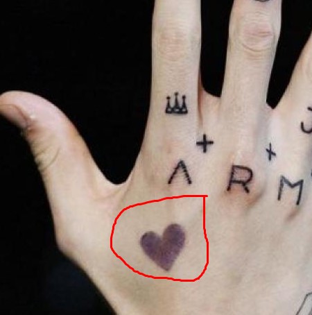 Jungkook tattoo "Purple Heart," which was first seen on September 19, 2019, and stands for "I Love You."