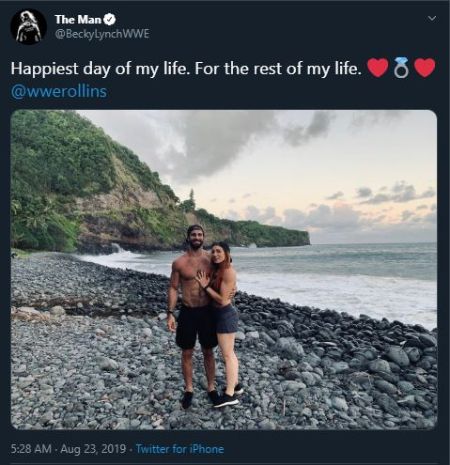 A screenshot of Becky Lynch's tweet on her engagement with Seth Rollins.