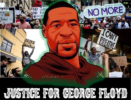 Several protest photos surrounding a depiction of George Flyod.