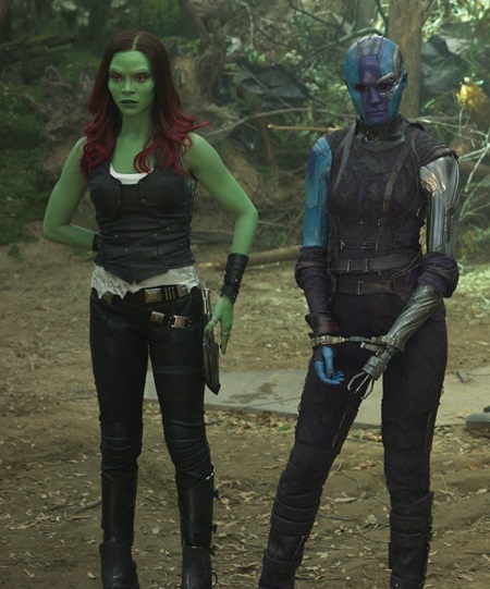 Zoey Saldana as 'Gamora' and Karen Gillan as 'Nebula' in 'Guardians of the Galaxy'.