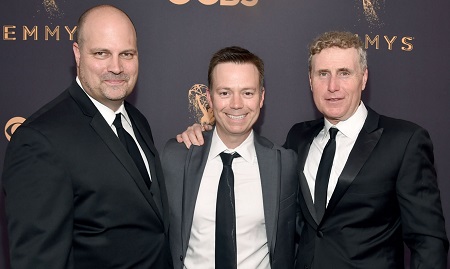  (L-R) Chris Parnell and Jason Clodfelter co-presidents of Sony Pictures Television Studios, and Jeff Frost President of Sony Pictures Television Studios attend the 69th Annual Primetime Emmy Awards at Microsoft Theater on September 17, 2017, in Los Angeles, California.