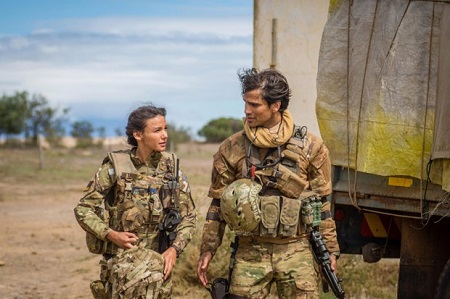 Michelle Keegan and Ben Aldridge of 'Our Girl' in military costumes.