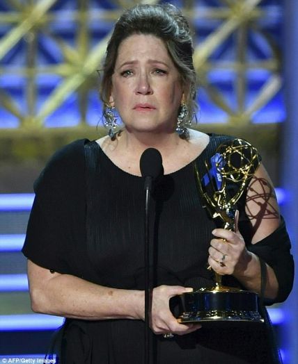 A teary eyed Aunt Lydia with her Emmy award in 2017.