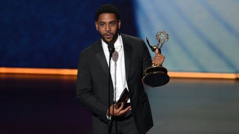 Jharrel Jerome presenting his speech after winning an Emmy Award in 2019.