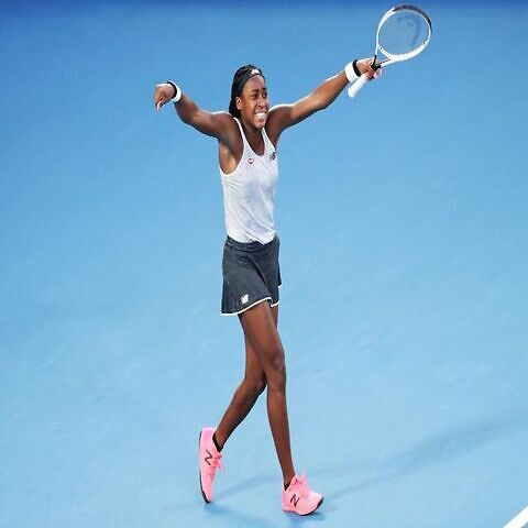 Gauff celebrating during her win.