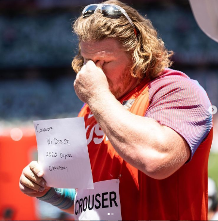 Ryan Crouser wins a gold medal which he dedicates to his grandpa.