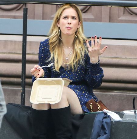 Elizabeth Lail on the set of Gossip Girl.