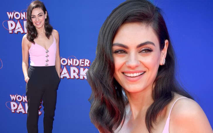 Mila Kunis Looked Gorgeous in a Sleeveless Pink Top with Spaghetti Straps and Black Trousers at Wonder Park Premiere in LA