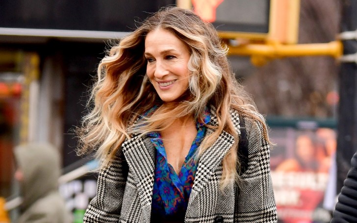 Sarah Jessica Parker Looks Lovely In Vibrant Red Skirt and Plaid Coat for Filming on 'Divorce' Set